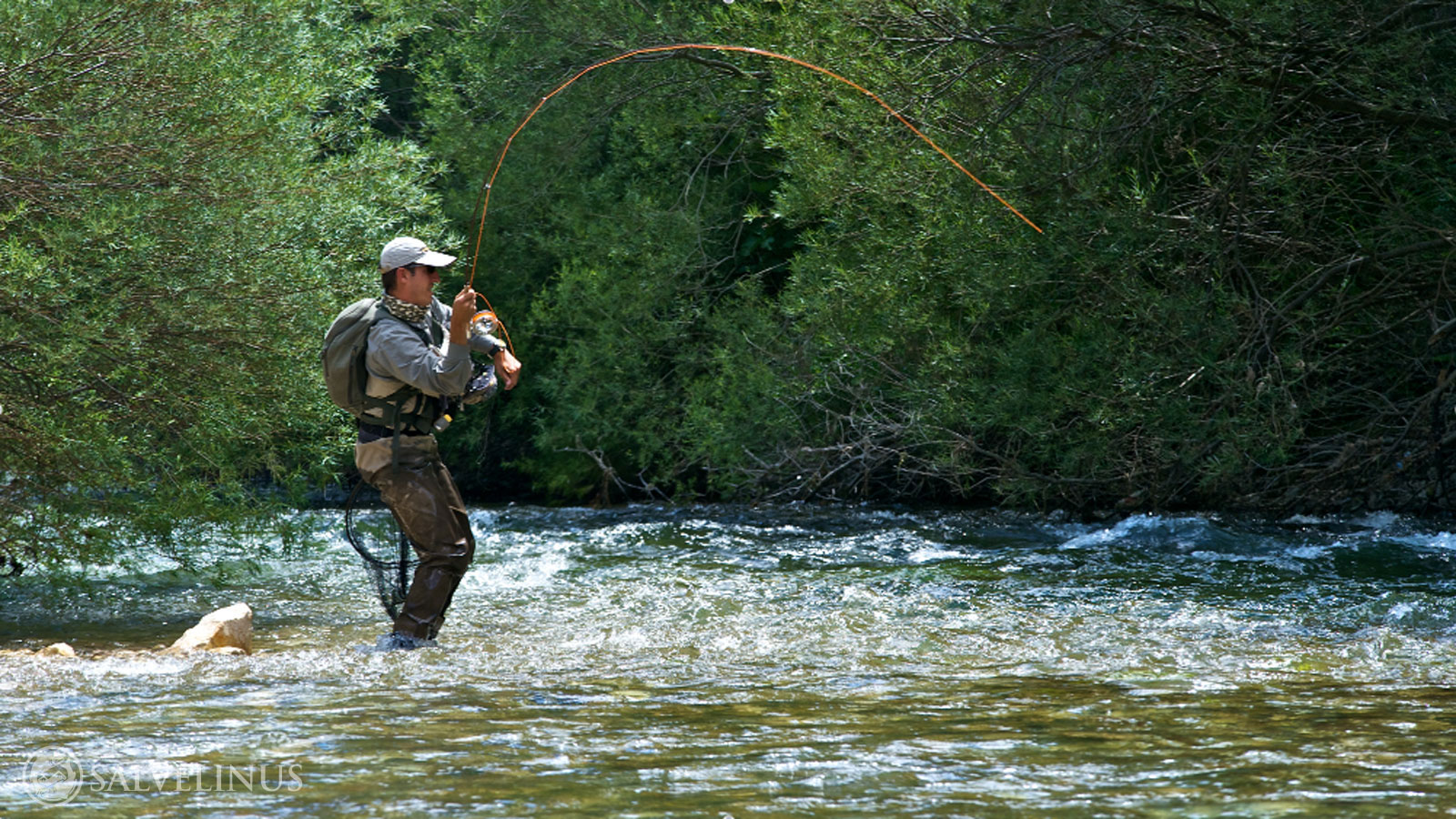 Ловить речную. Летняя рыбалка. Вываживание крупной рыбы. Рыбак на реке. Рыбак на рыбалке.