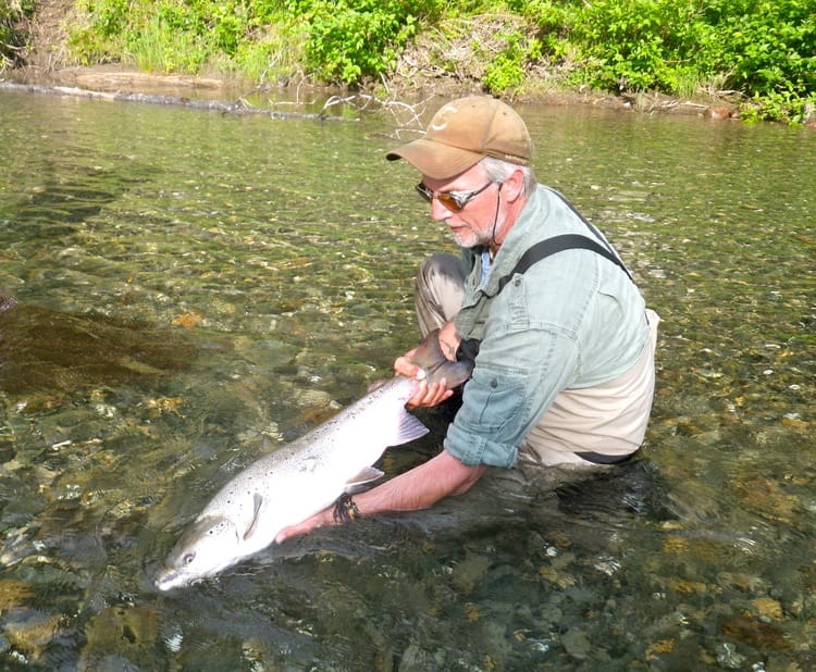 Henrik Mortensen lands his first Bonaventure salmon of the season, Congratulations Henrik, nice salmon!